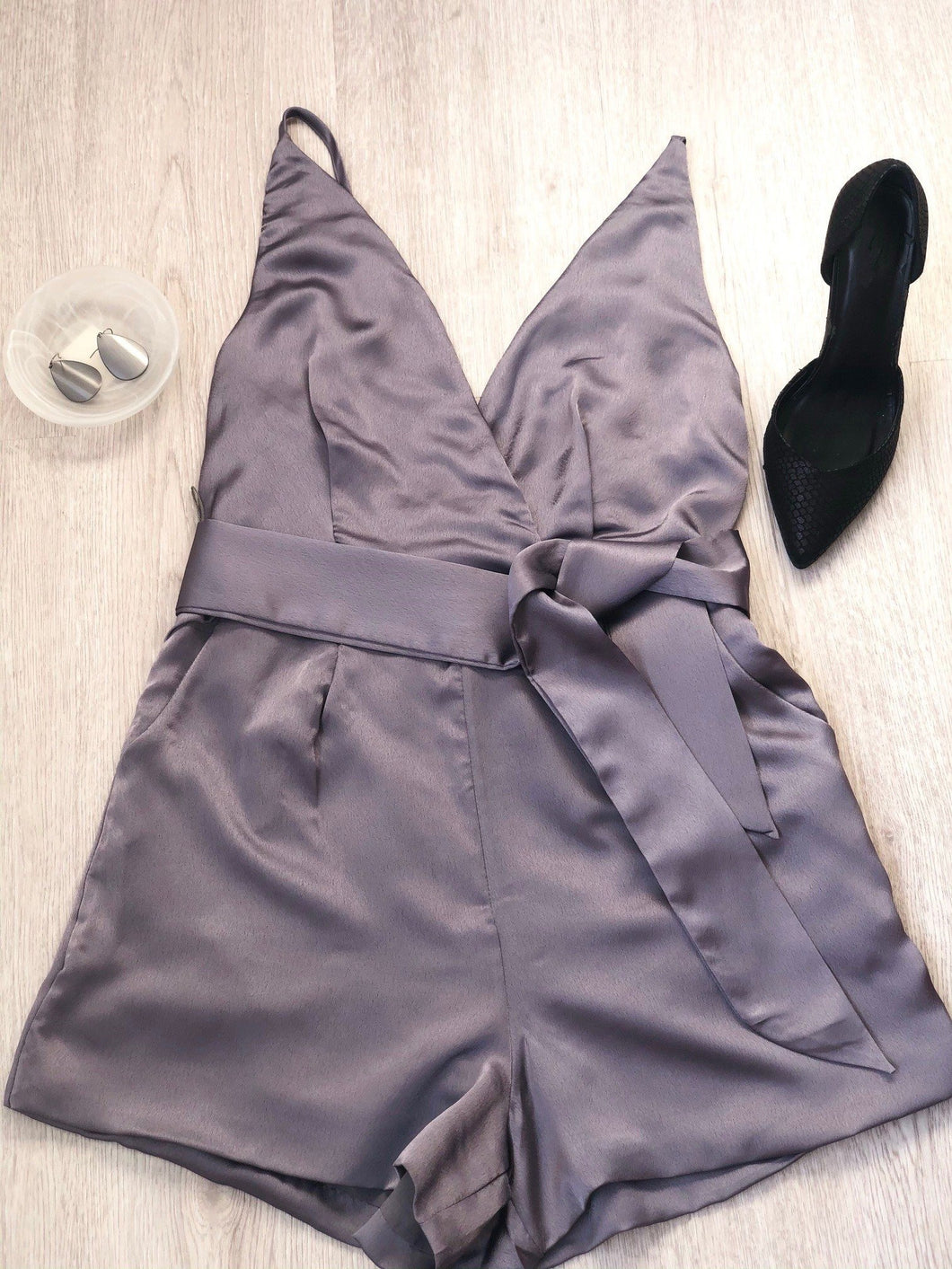 The Perfect Date Night Stella Silk Romper - Charcoal